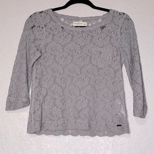 Abercrombie and Fitch Small Light Gray 3/4 Length Sleeve Lace Crop Top